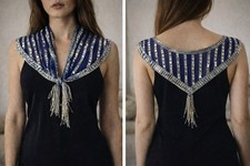 Blue Mesh Silver Sequin Glass Beaded Triangle Shawl Wrap Fringe 23"