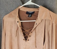 Northwest Territory Faux Suede Lace Up Shirt Tan Brown Vintage Y2K