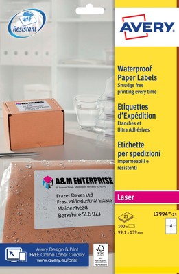 Avery Laser Wetterfest Paketaufkleber 99 x 139 mm 4 pro A4 Blatt Weiß Packung 100 Labor