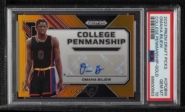 2023-24 Prizm Draft Picks College Penmanship Gold 1/10 Omaha Biliew PSA 10 Auto