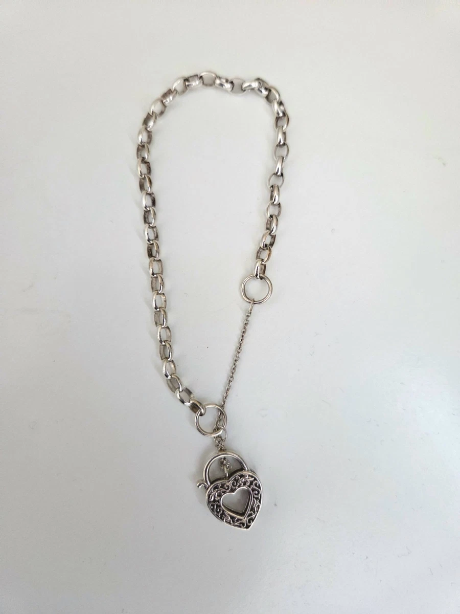 Sterling Silver 925 Heart Padlock Charm Bracelet – Vintage Style