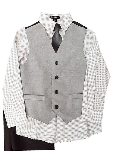 Boys 4 Piece Suit White Polka Dot Shirt Black Pants Gray Vest & Tie Set 6 - Picture 2 of 2