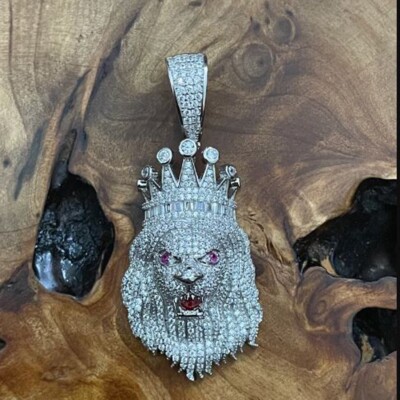Men's Round Simulated Diamond Royal Crown Lion Head Pendant