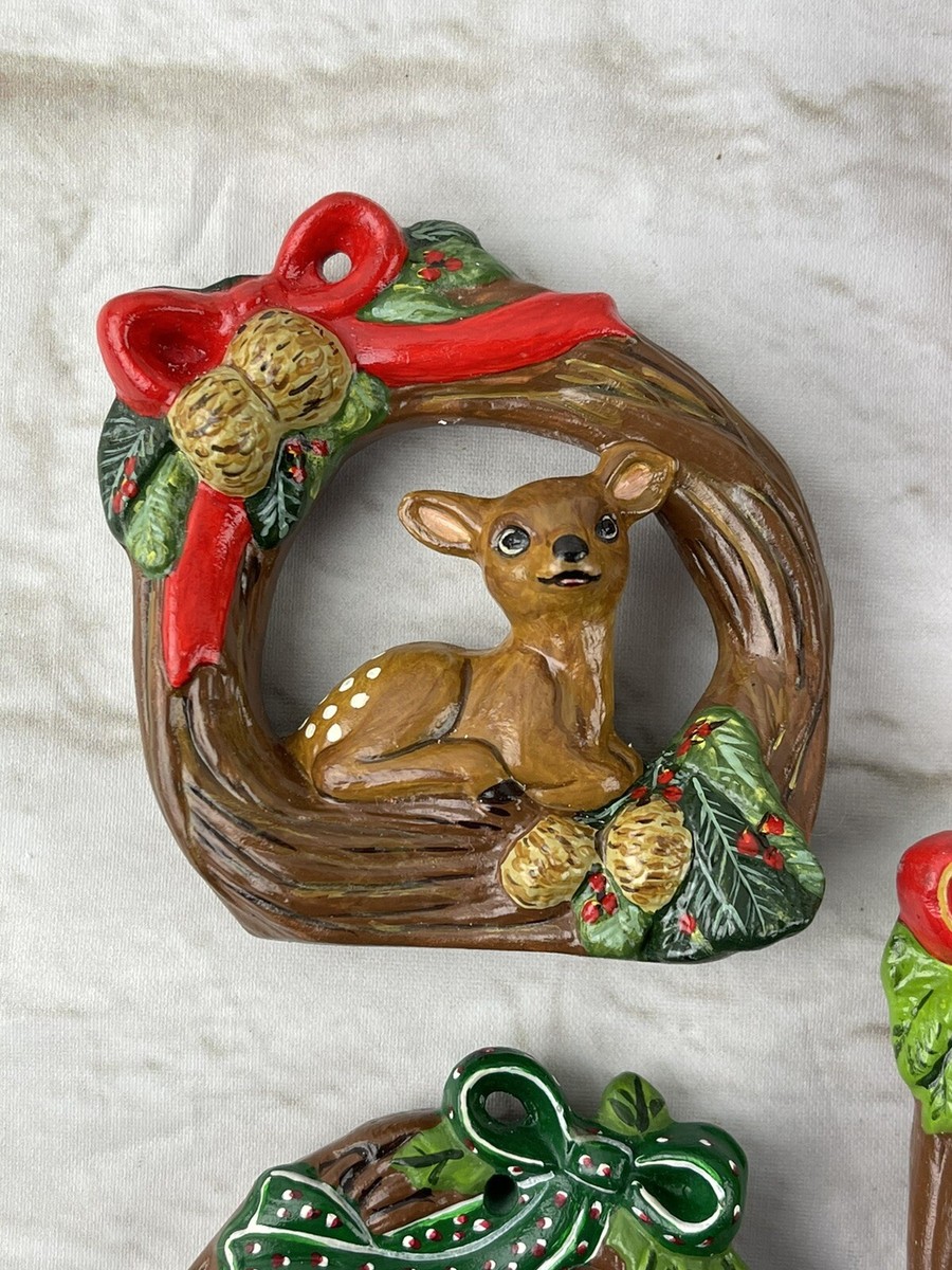 Vtg Christmas Tree Ornaments Wreath w/ Woodland Animals Ceramic