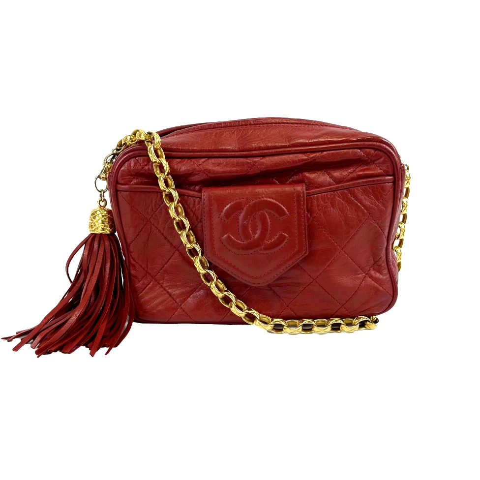 CHANEL - Vintage CC Red Lambskin Gold Chain Tassel Camera Bag