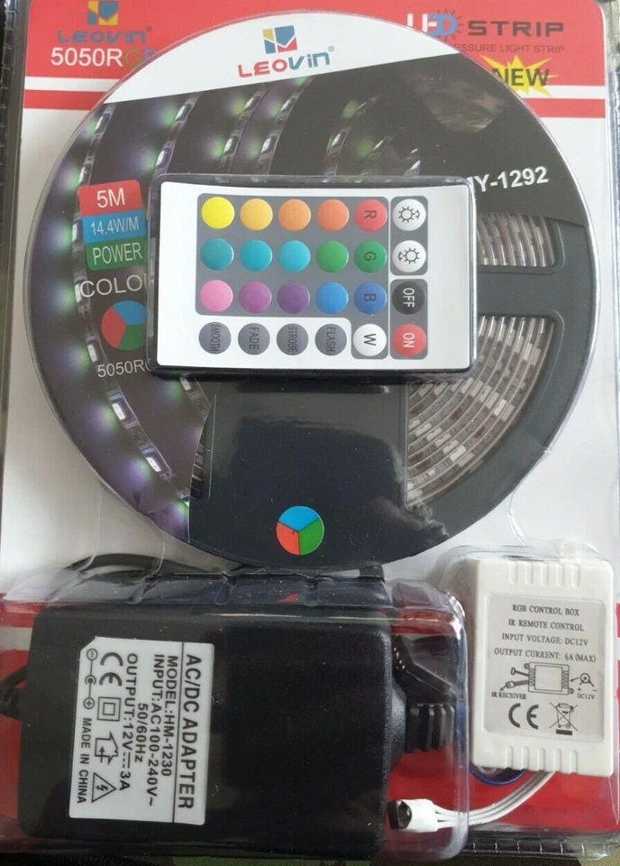 Striscia LED RGB 5050 5M Impermeabile IP65 Telecomando 20 Colori Interno Esterno - Immagine 3 di 4