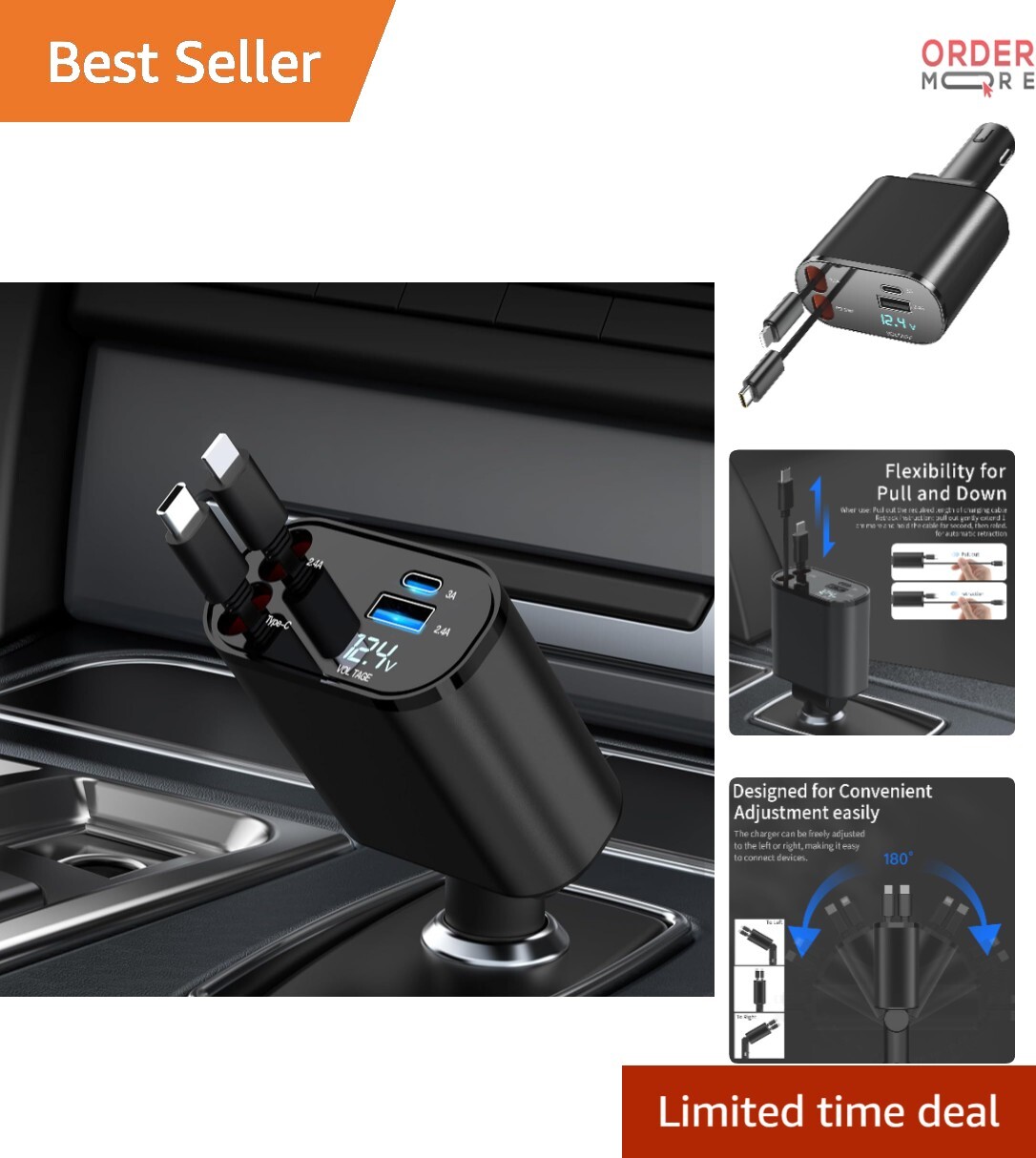 Retractable Car Charger 4 in 1 Fast Charging 60W USB-C USB Ports for Vehicles