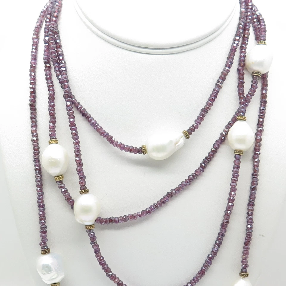 925 Sterling Silver Real Baroque Pearl & Amethyst Long Bead Chain Necklace 72" - Image 4 of 4