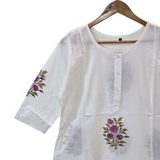 Block Print Floral Top Jaipuri Print Kurti Mid Length Indian Cotton Women L Size