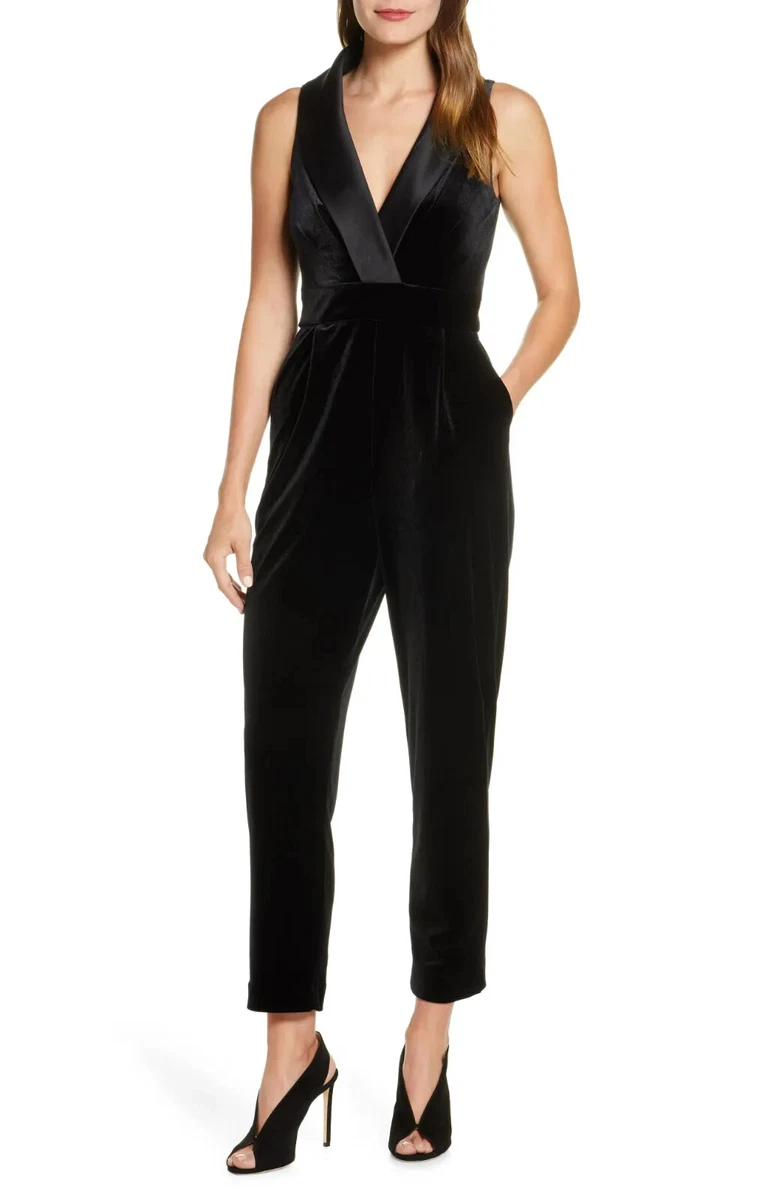 Petite Women's Eliza J Sleeveless Velvet Jumpsuit, Size 6P - Black