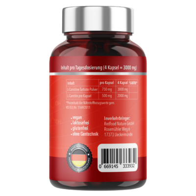 L-Carnitin hochdosiert 220 Kapseln 750 mg L - Carnitintartrat · 100% Vegan 
