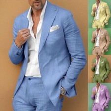 Men's Blue/Green Suit Cool Summer Style in Linen Fabric Business Casual Blazer