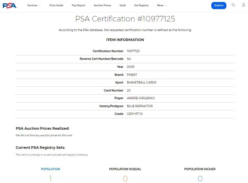 2006 Topps Finest Blue Refractor #20 Andrei Kirilenko /299 PSA 10 Gem Mint POP 1 - Image 3 of 4