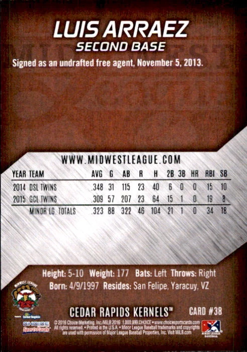 2016 Midwest League All-Stars Choice #38 Luis Arraez Venezuela VZ Baseball Card - Image 2 of 2