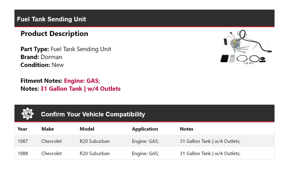 Unidad de envío de tanque de combustible Dorman GAS 1987-1988 Chevrolet R20 Suburban Foto 2 de 4