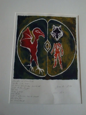 Vintage Mischtechnik Expressiv Drache Fuchs Mensch mit Gedicht (1118-075) - Bild 1 von 4
