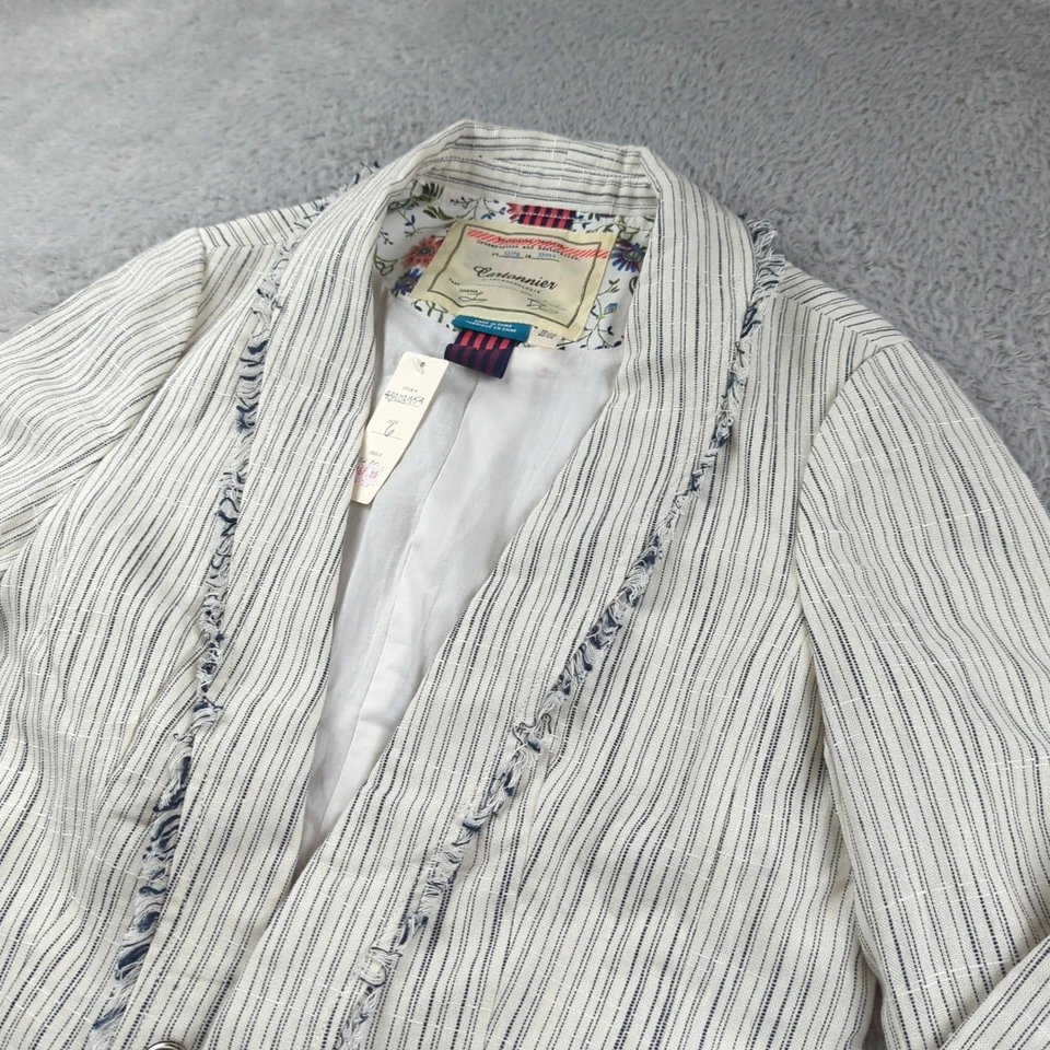 Blazer Cartonnier Mujer 6 Blanco Azul Rayas Flecos Mezcla de Lino Cinch Abrigo Deportivo Foto 2 de 4