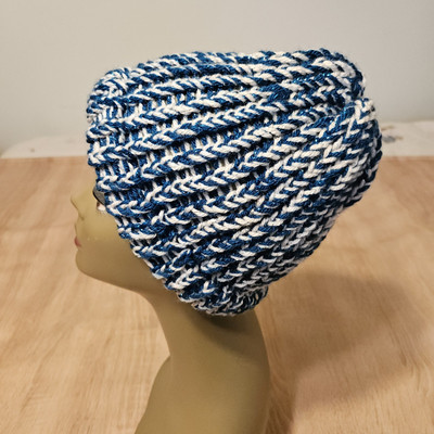Hand-Made - Knitted Winter Beanie  Blue Multicolor Hat - One-Size - Very Warm!