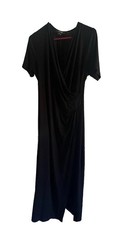 Karen Kane Black Faux Wrap Maxi Dress S Short Sleeve V-Neck Stretch Jersey
