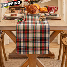 Red White Plaid Christmas Table Runner, Winter 13x72",
