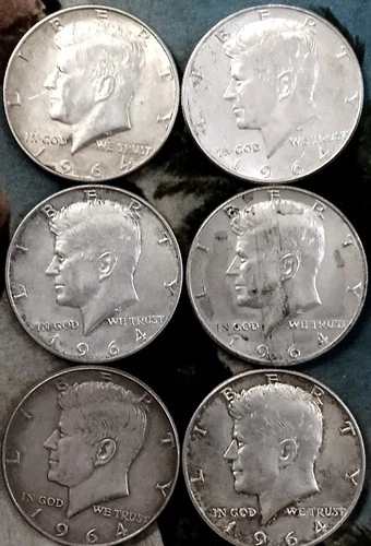 1964 Kennedy Half Dollars - 6 Each - 90% Silver - Average Circ.- 2.17 Oz. Silver