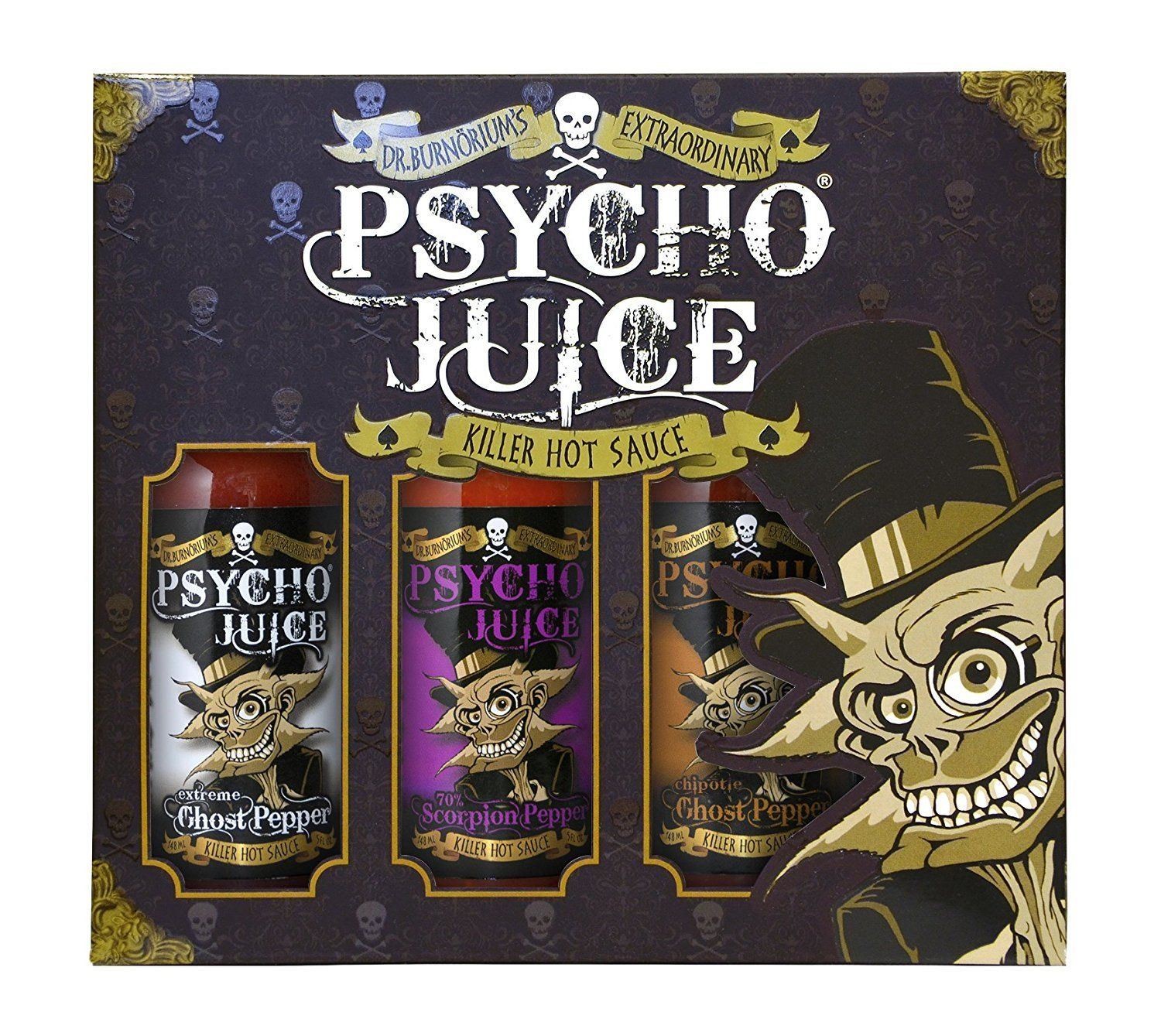 Psycho Juice Trio Chilli Sauces Extreme Ghost Pepper 70% Scorpion Chipotle Ghost