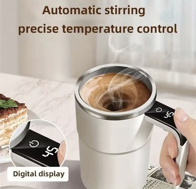 Automatic Magnetic Stirring Coffee Mug w/ Digital Temp Display, White