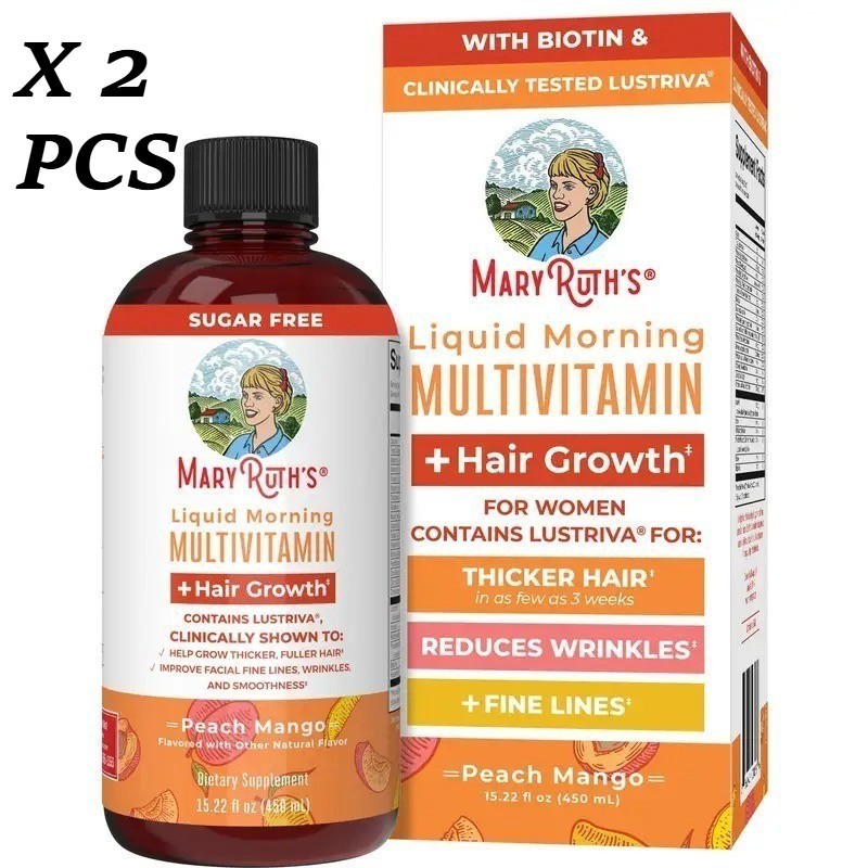 2 BOTTLES--MaryRuth's Liquid Morning Multivitamin Hair Growth Peach Mango flavor