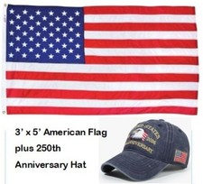 Valley Forge American Flag 3x5 Nylon USA Made plus 250th Anniversary Hat
