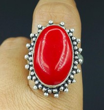 Natural Red Coral Gemstone Handmade 925 Sterling Silver Ring Size-9.5 US