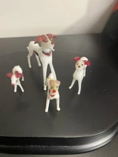 Vintage Murano Style Hand blown Glass Dogs White W/Red Ears Set Of 4 Unmarked