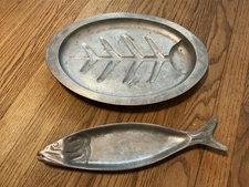 Vintage cast aluminum platters - fish and fishbone, 13-15", lot of 2