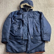 Vintage Military Mens Large Blue Nylon Hooded Insulated Parka Orange Lining
