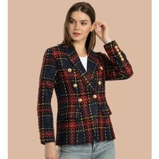 SMF Double- Breasted Plaid Tweed Jacket blazer w gold buttons Size M