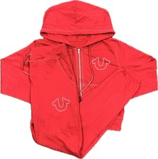True Religion Men's Red Tracksuit Set Hoodie  Pants Logo Zip Pockets L