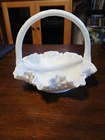Vintage Fenton Hobnail Milk Glass Basket w/ Handle & Ruffled Edge 6.5” Tall