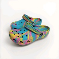 Classic Digital Aqua Multi Colored Marbled Tie Dye Crocs Clogs Kids J2 Maintaine