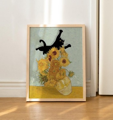 Cat Poster   Van Gogh Sunflowers Still Life Print, Funny Wall Art Gift