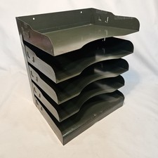 Metal 5 Tier Letter In/Out Desk Tray MCM Vintage Military Green Organizer