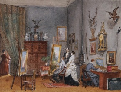 Watercolor French Drawing Framed Interior Workshop Women Painters Napoléon III