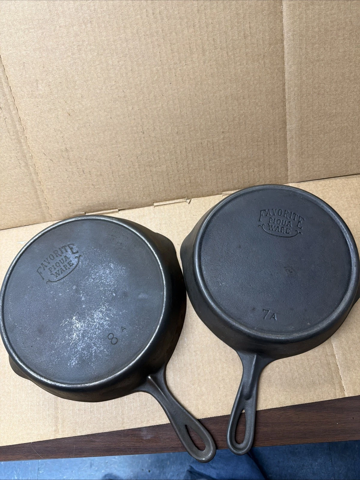 2 Favorite Piqua ware Cast Iron Skillets 8A & 7A Flat Bottom Crack Free