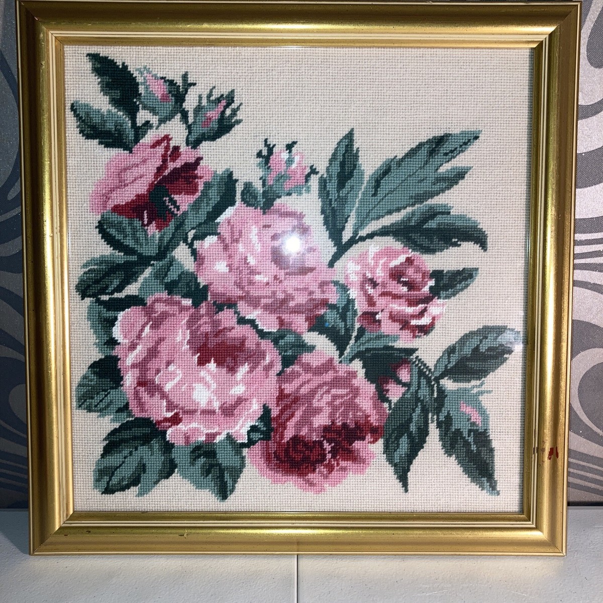 Vintage Embroidery Completed In Frame. Roses. Handmade 17”x 17” | eBay