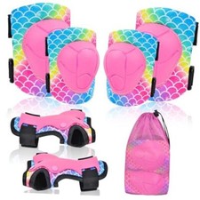 Knee Pads for Kids Adjustable Protective Gear Set with Mesh Bag Pink Mermaid