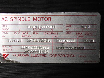 YASKAWA AC SPINDLE MOTOR UAASKA-08EMU11 3PH 200V 7.5/5.5KW YASKAWA AC SPINDLE MOTOR UAASKA-08EMU11 3PH 200V 7.5/5.5KW
