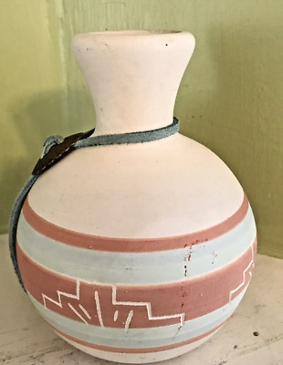 Unbranded Southwestern 5.5'' height hand painted vase with leather & brass number