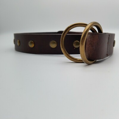 Boho Western Studded Tan Distressed Leather Belt with Brass Tone Angled Buckle L Vintage Stitched Leather Laces Belt Size 32 ~ Lace Beaded  main image 4