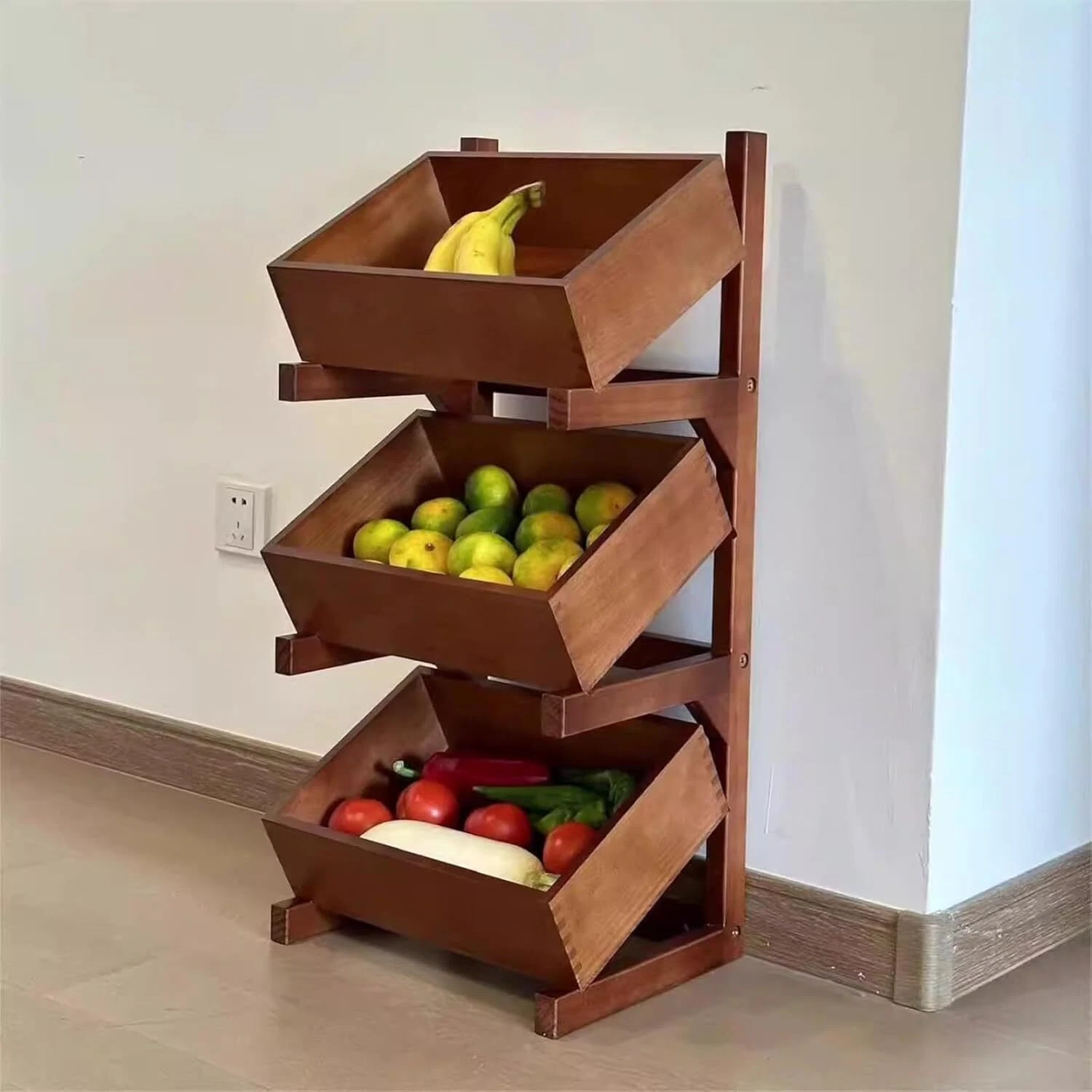 3 Tier Wooden Storage Shelf Fruit Basket Stand Kitchen Bedroom Organizer Rack