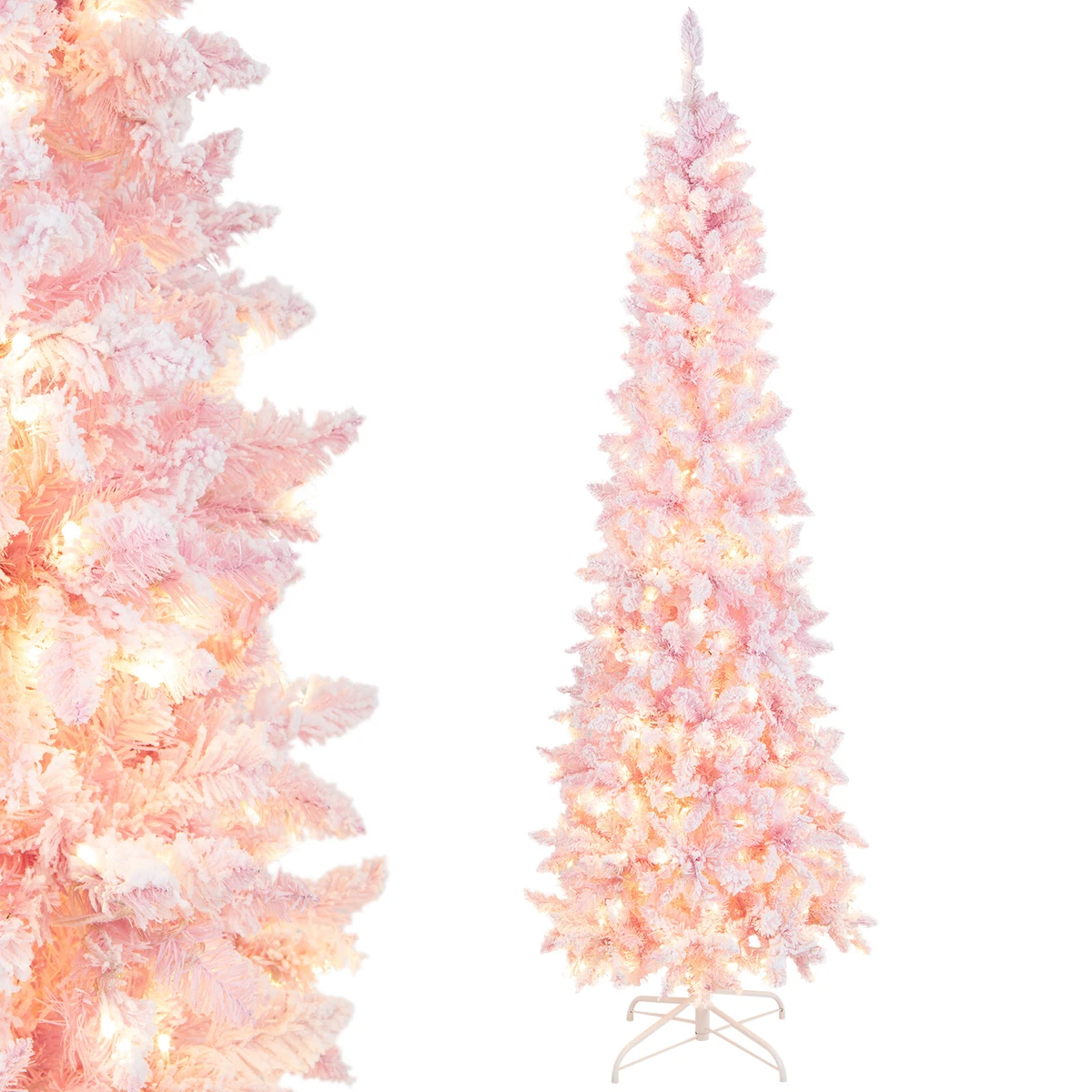 2.1M Snow Flocked Pink Christmas Tree Pre lit Hinged Xmas Decor 8