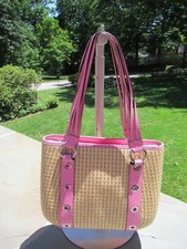 New Maxx New York Woven Straw And Pink Leather Satchel/ Tote Bag