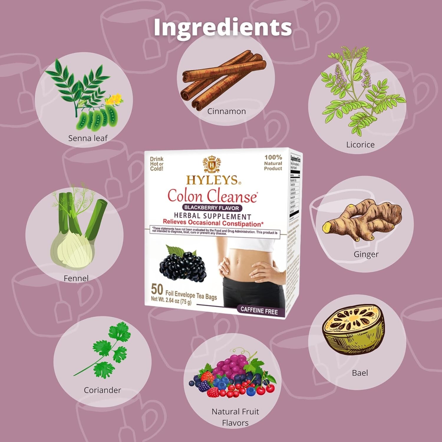 HYLEYS Tea Wellness Colon Cleanse, Blackberry, 50 Count, 1 Pack